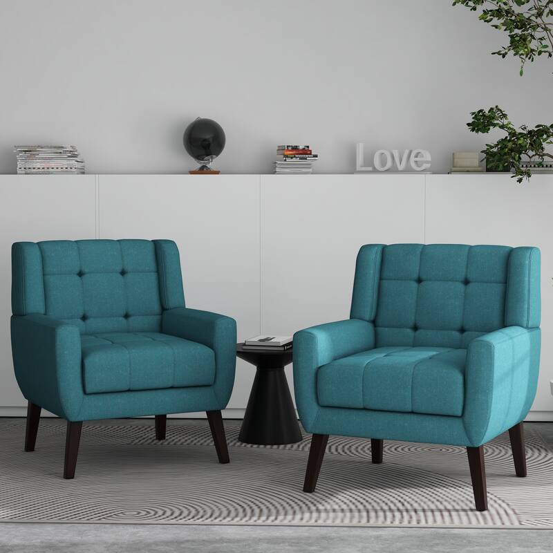 Tufted Arm Chair Upholstered Lounge Chair(Set of 2) - Light Blue Linen
