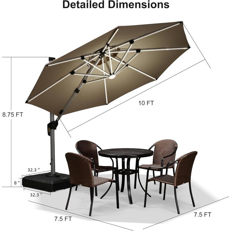 PURPLE LEAF 10 ft Double Top LED Round Patio Cantilever Umbrella with Base