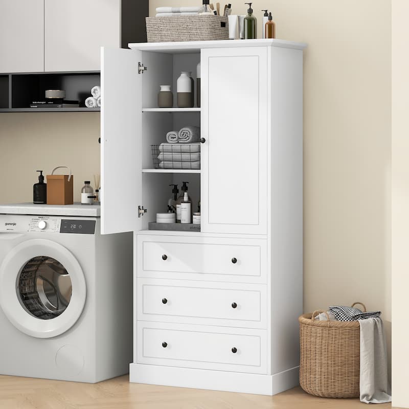 Freestanding Bathroom Storage Cabinet with Doors & 3 Large Drawers, Adjustable Shelves, Tall Linen Tower for Towels & Toiletries