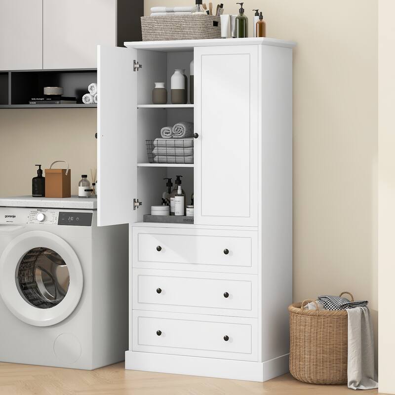 Modern Bathroom Cabinet with Adjustable Shelves, Doors & 3 Large Drawers, Tall Linen Tower for Towels & Toiletries, White