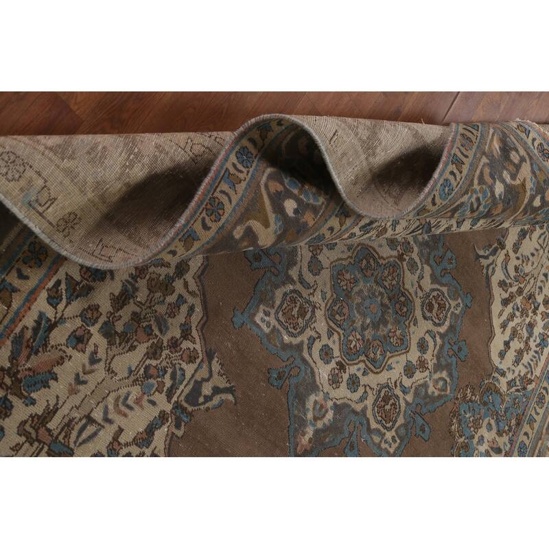 Brown Tabriz Persian Vintage Area Rug Hand-Knotted Wool Carpet - 6'9"x 9'9"