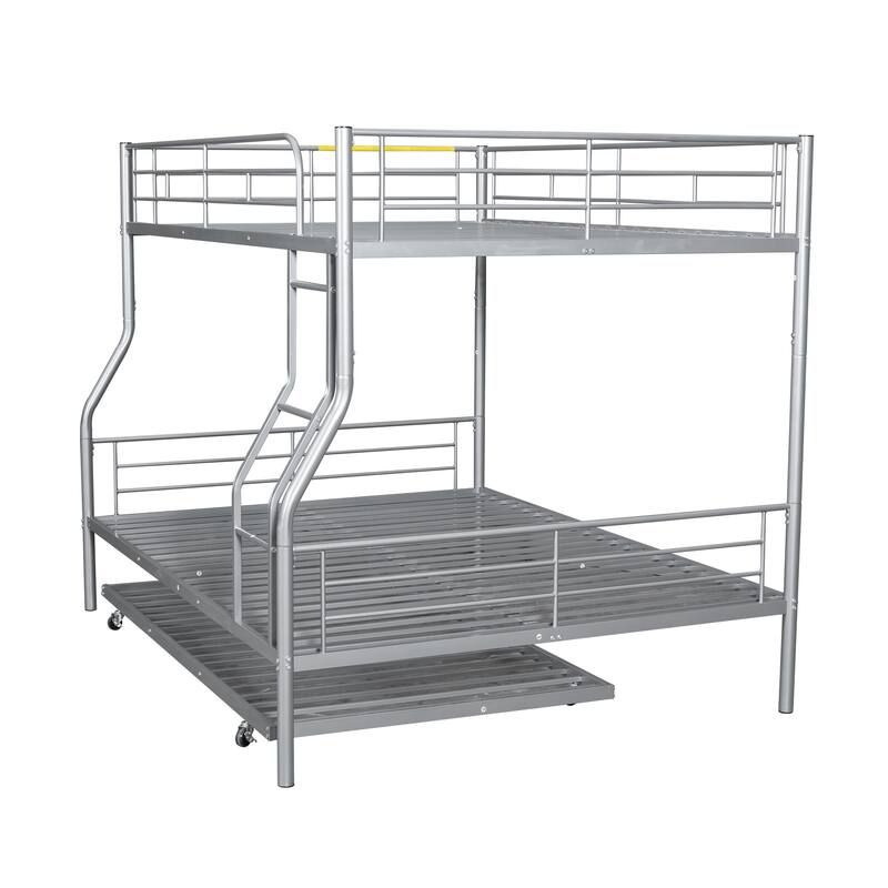 Full XL Over Queen Bunk Bed with Trundle Heavy-Duty Bunk Bed Frame with Ladder & High Guardrail Convertible into 3 Beds for Kids