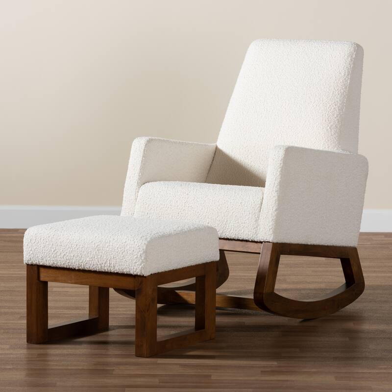 Yashiya Mid-Century Modern Off-White Boucle Upholstered and Walnut Brown Finished Wood 2-Piece Rocking Chair and Ottoman Set