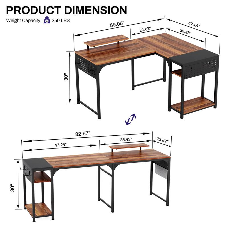 60" L-shaped Computer Desk Home Office Study Writing Desk with Monitor Stand and Storage Shelf