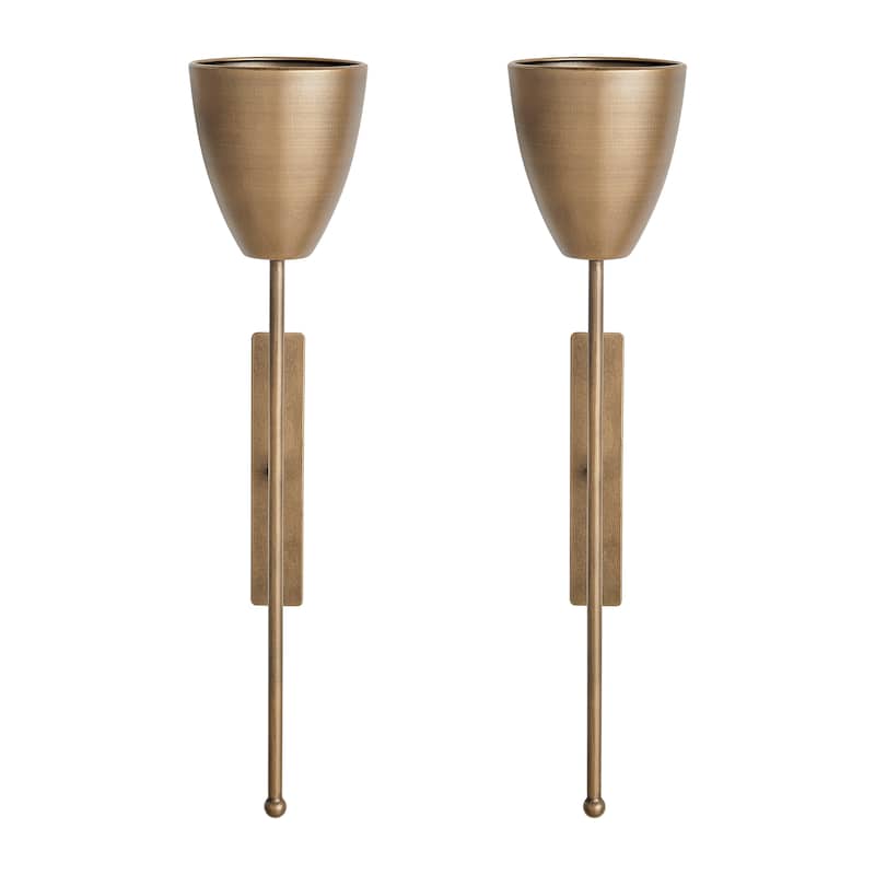 Antique Brass Mid-Century Modern Metal Wall Mount Vertical Pillar Candle Sconces Set of 2