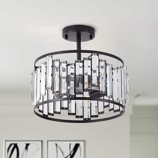 Modern Black 3-Light Crystal Pieces Cylinder Semi Flush Mount Lamp