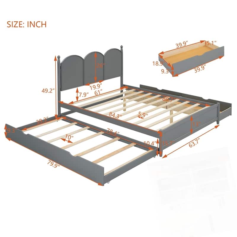 Queen Size Platform Bed With with 2 Big Drawers and Twin XL Size Trundle