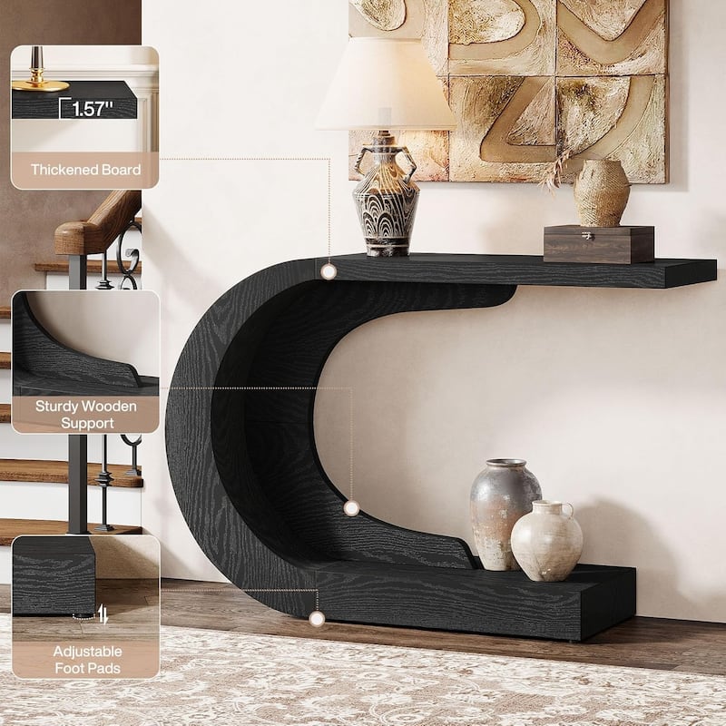 43.3" C-Shaped Console Table, Mid-Century Modern Wood Entryway Hallway Table