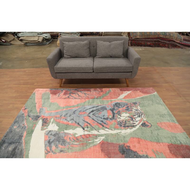 Hand Knotted Oriental Viscose Silk Carpet Modern Pictorial Multi-Colored Abstract Area Rug - 7' 8'' X 5' 6''