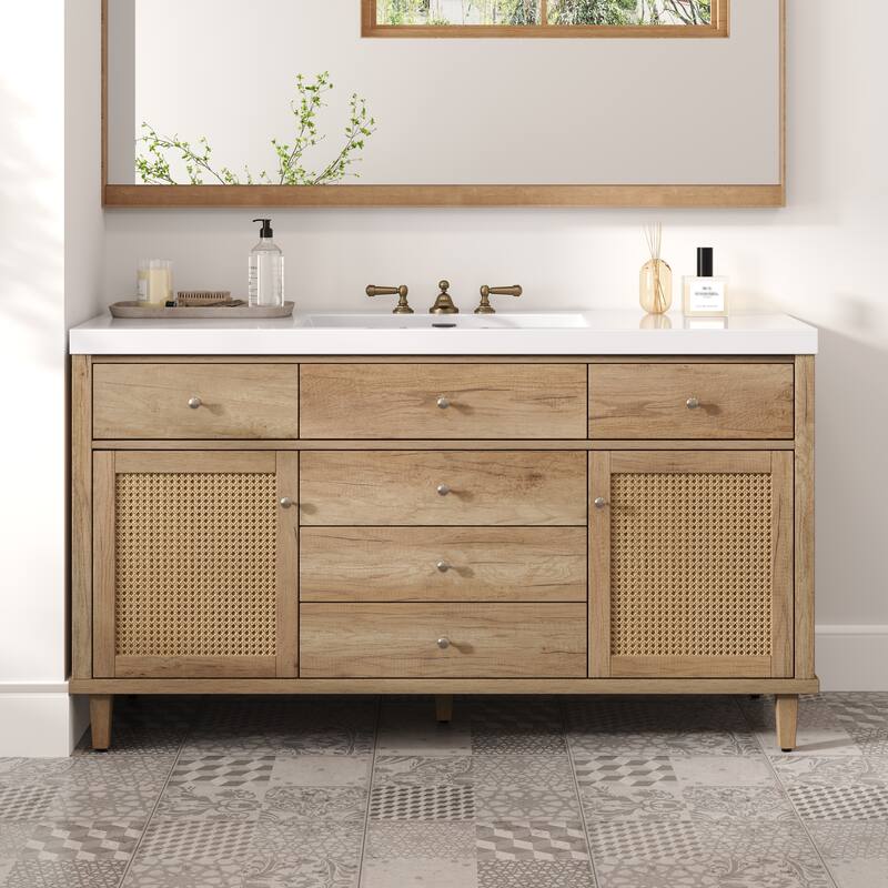 60" Bathroom Vanity with SMC Sink,Large Storage Bathroom Storage Cabinet with Soft Close Drawers and Rattan Doors, 5 Pine Legs - Natural Wood
