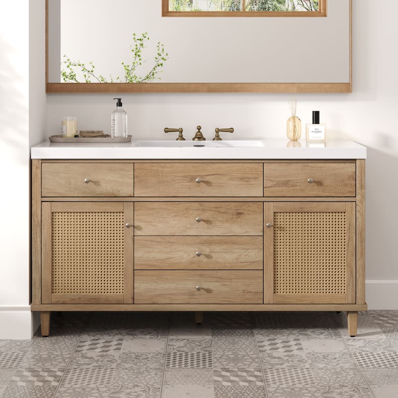 60" Bathroom Vanity with SMC Sink Bathroom Storage Cabinet with 5 Soft Close Drawers and Rattan Doors - Antique Natural