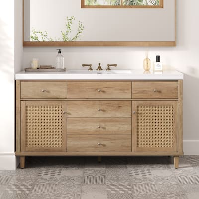 60" Bathroom Vanity with SMC Sink Bathroom Storage Cabinet with 5 Soft Close Drawers and Rattan Doors