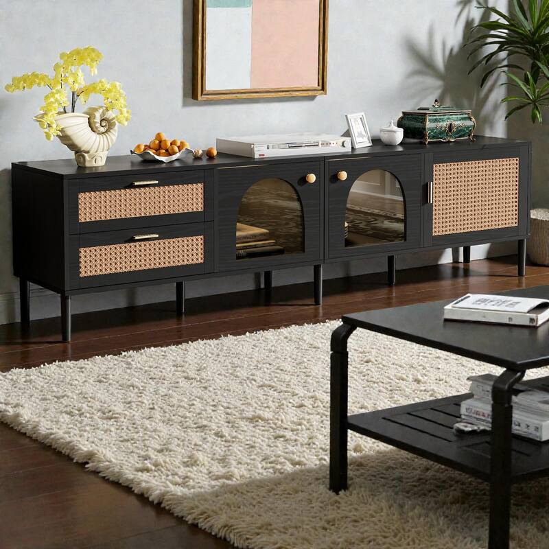 Rattan TV Stand with LED Lights, 3 Cabinets & 2 Drawers, Media Console for TVs up to 80'', Modern Entertainment Center