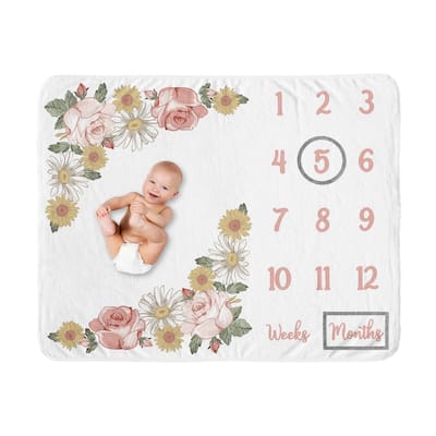 Vintage Floral Boho Collection Girl Baby Monthly Milestone Blanket - Blush Pink Yellow Green Shabby Chic Rose Flower Farmhouse