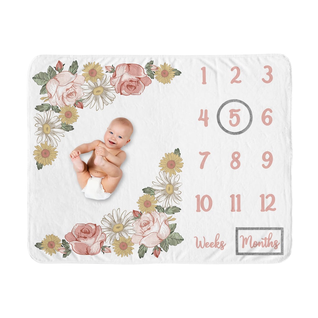 Vintage Floral Boho Collection Girl Baby Monthly Milestone Blanket - Blush Pink Yellow Green Shabby Chic Rose Flower Farmhouse
