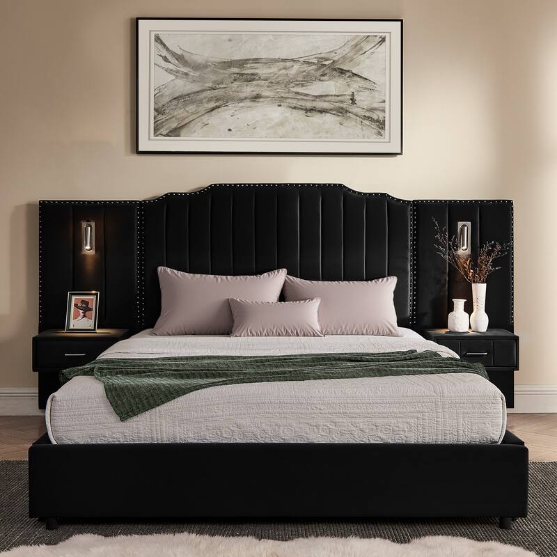 King/Queen Velvet Bed Frame with Vertical Stitch Headboard & Side Table