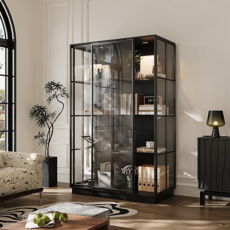 Modern Glass Curio Display Cabinet 4 Tier Display Case With lights & Doors