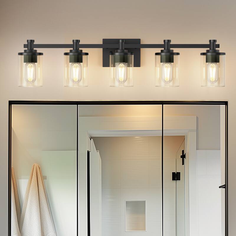 YANSUN 33 in. 5-Light Black Metal Vanity Light Fixtures with Round Clear Glass Shades for Stylish Bathrooms - 33*5.3*8