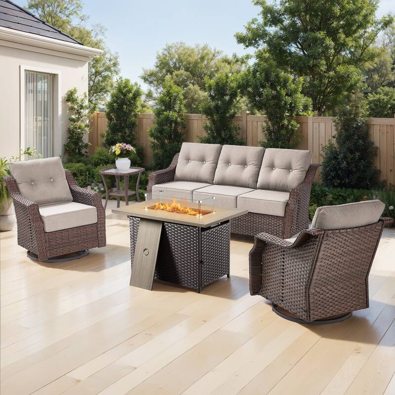 Gymojoy Wicker Patio Furniture Sofa Set with Fire Pit Table, 6-Inch Ultra Thick Cushioned 360° Swivel Glider Chairs