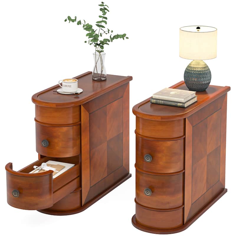 Brown Oak Wooden Side Table with 2 Storage Sliding Drawers for Living Room or Bedroom - 10.83”L x 23.62”W x 23.62”H