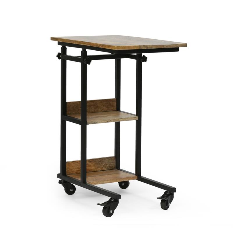 C Shaped End Table with Metal Frame and Wood Top