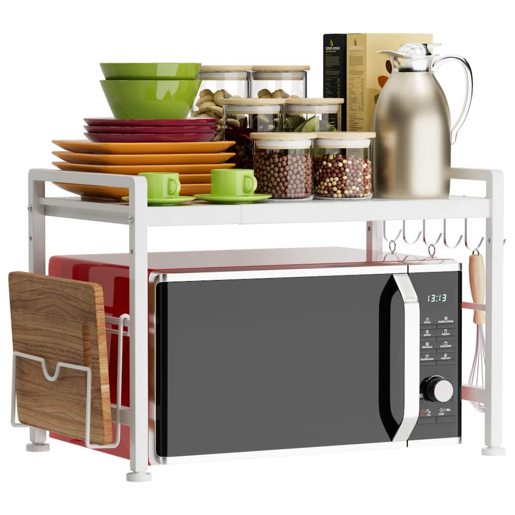 Extendable Microwave Oven Rack - Adjustable Kitchen counter shelf, 2 Tier Microwave Stand with 6 Hooks