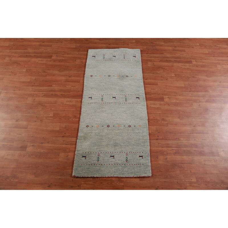 Hand Knotted Oriental 100% Wool Carpet Tribal Tribal Green Gabbeh Area Rug - 5' 11'' X 2' 6''