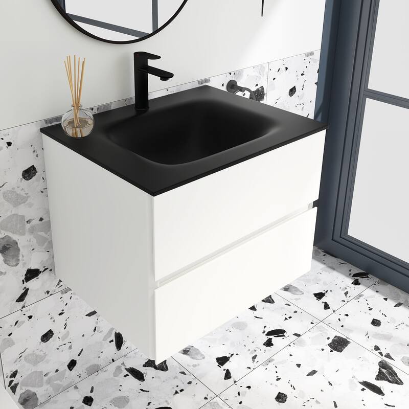 Wall-Mounted Bathroom Vanity Set in White with Black Quartz Top and Integrated Sink