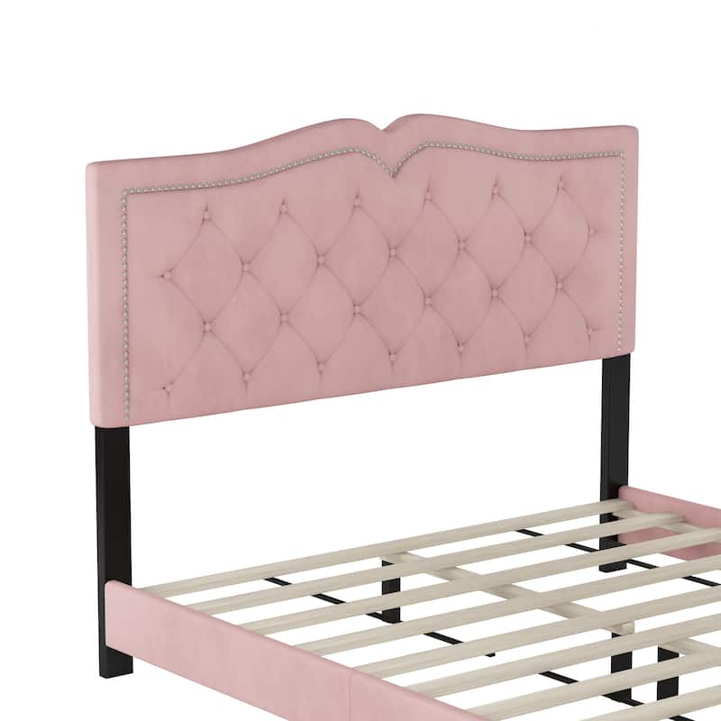 Queen Size Velvet Platform Bed with Rivet Details, Modern Upholstered Bed with Tufted Headboard for Comfort