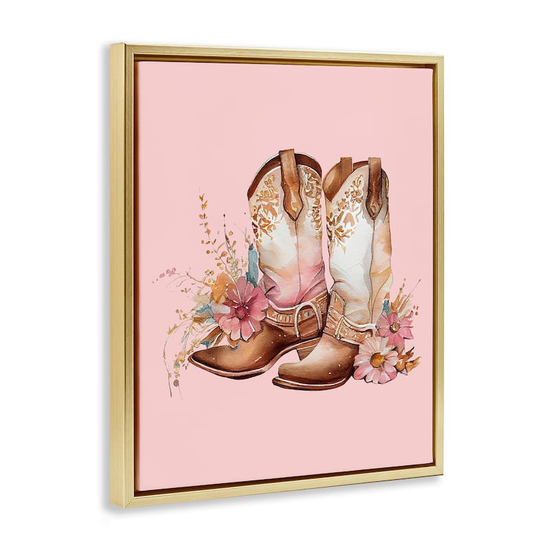Stupell Floral Pink Cowgirl Boots Framed Floater Canvas Wall Art Design by Birch&Ink