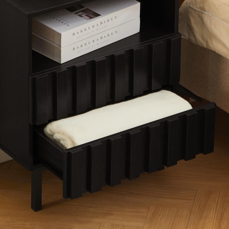 Mid Century Woodgrain Nightstand Pair 2 Drawers Bedside Table