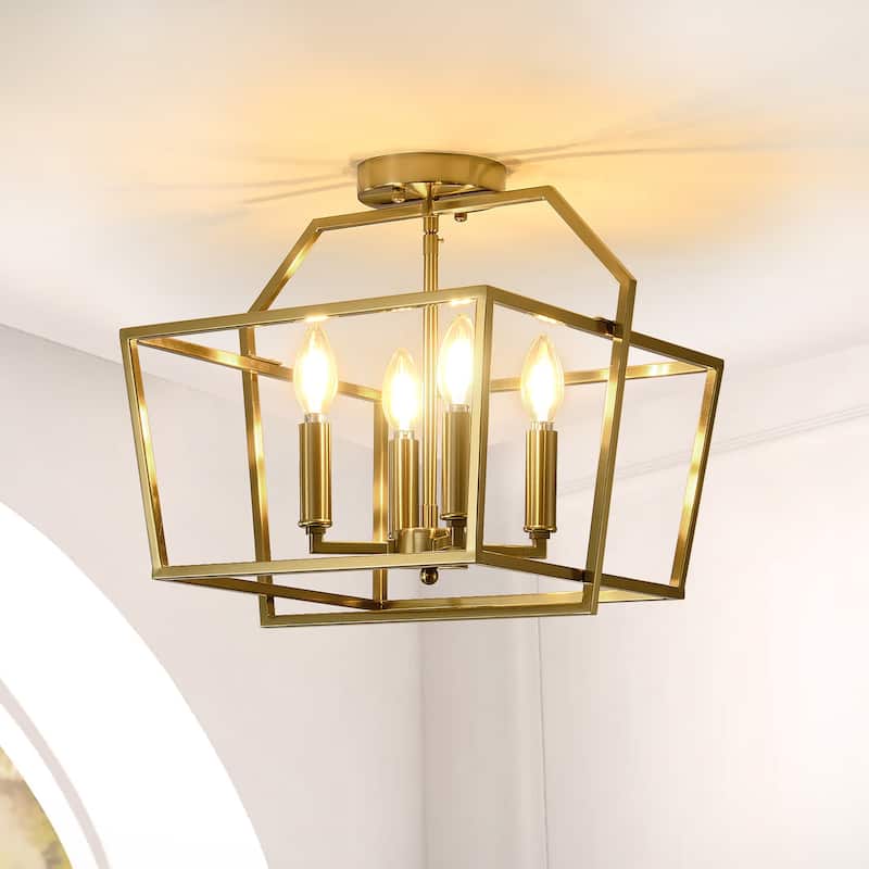 Modern 4 - Light Semi - Flush Mount, Gold Geometric Cube Design