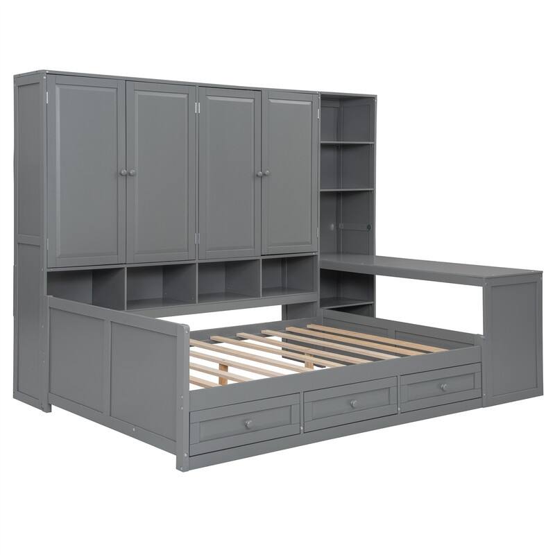 Twin/Full Size Daybed with All-in-One Cabinet and 3 Drawers, Wooden Daybed Frame Sofa Bed with Desk and Storage Shelves