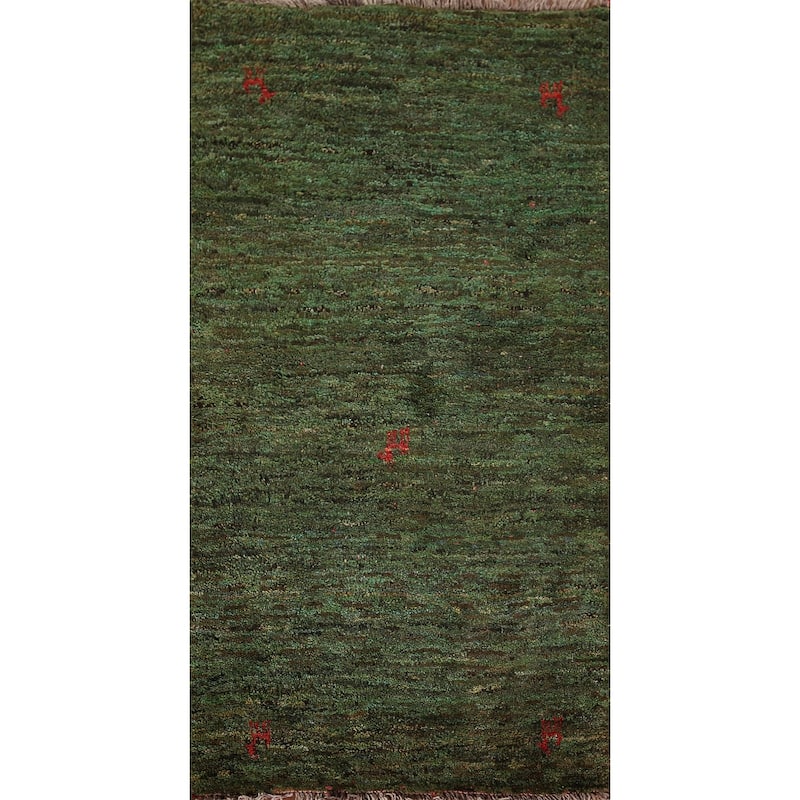 Tribal Green Gabbeh Persian Accent Rug Handmade Wool Carpet - 2'7"x 5'0"