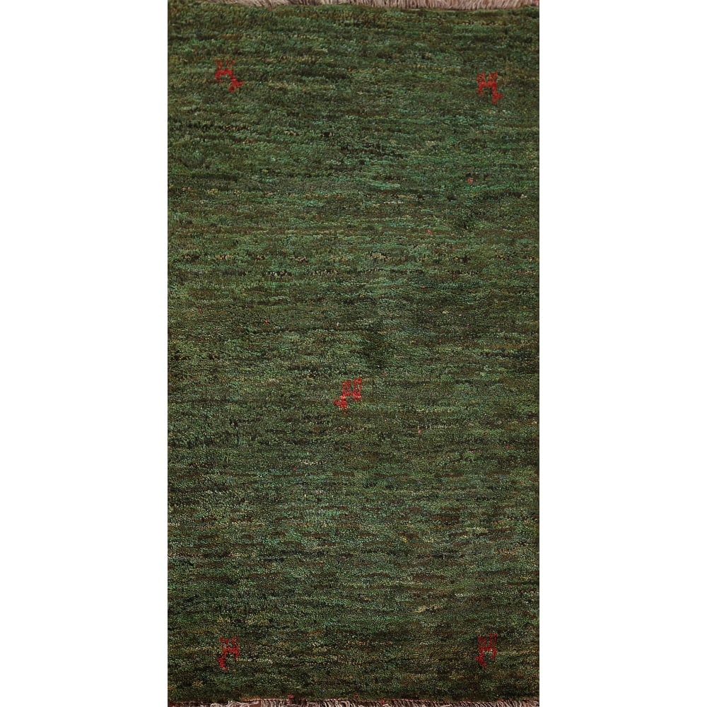 Tribal Green Gabbeh Persian Accent Rug Handmade Wool Carpet - 2'7"x 5'0"