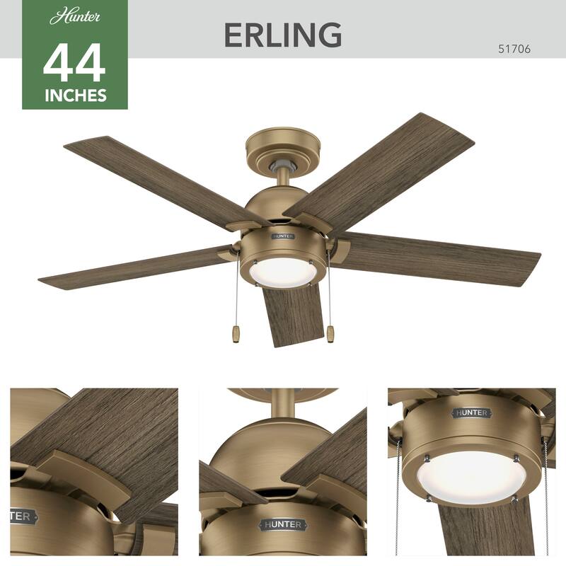 Hunter Erling Ceiling Fan with LED Light Kit and Pull Chain - Modern Rustic, Transitional