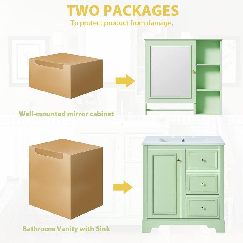 30'' Bathroom Vanity with Top Sink, Freestanding Vanity Set with Mirror Cabinet