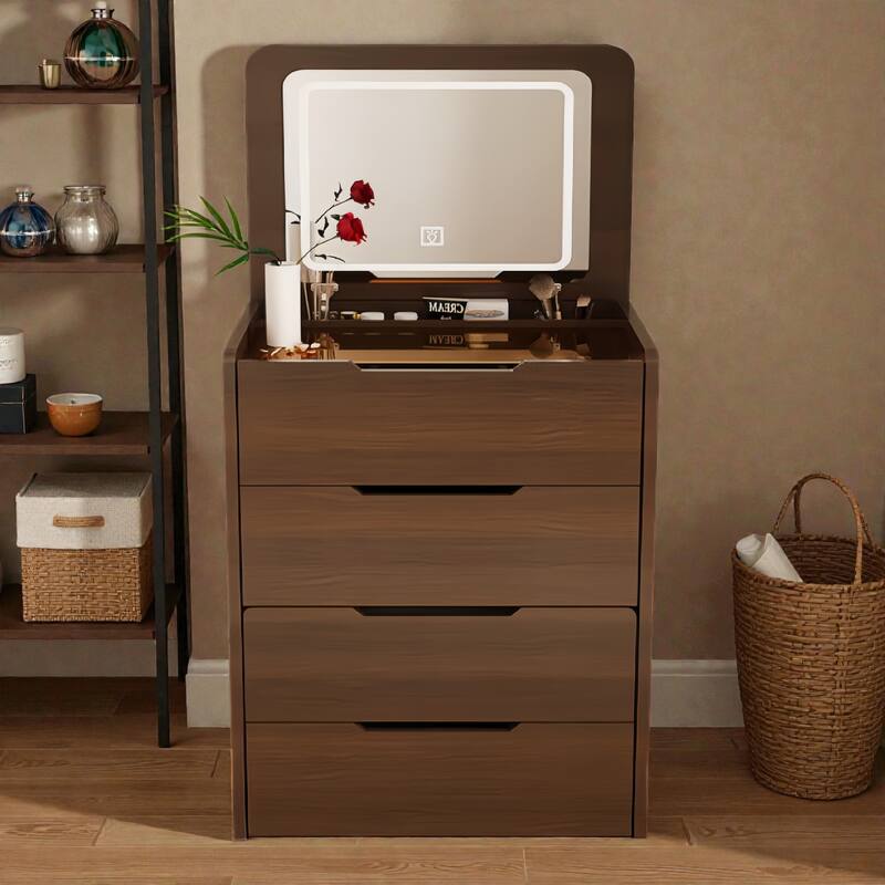 3-in-1 Vanity Desk with Flip-Top Mirror, Glass Top Makeup Table with Drawers & Stool, Compact Dressing Table for Bedroom