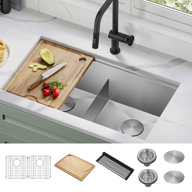 KRAUS Kore Workstation Undermount Stainless Steel Kitchen Sink - Double Basin 33" L x 19" W (sink KWU112-33) - Stainless Steel