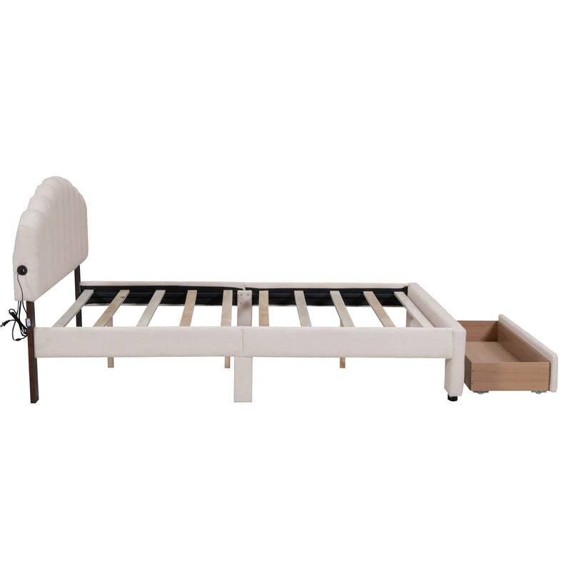Teddy Fleece Queen Size Upholstered Platform Bed with Drawer