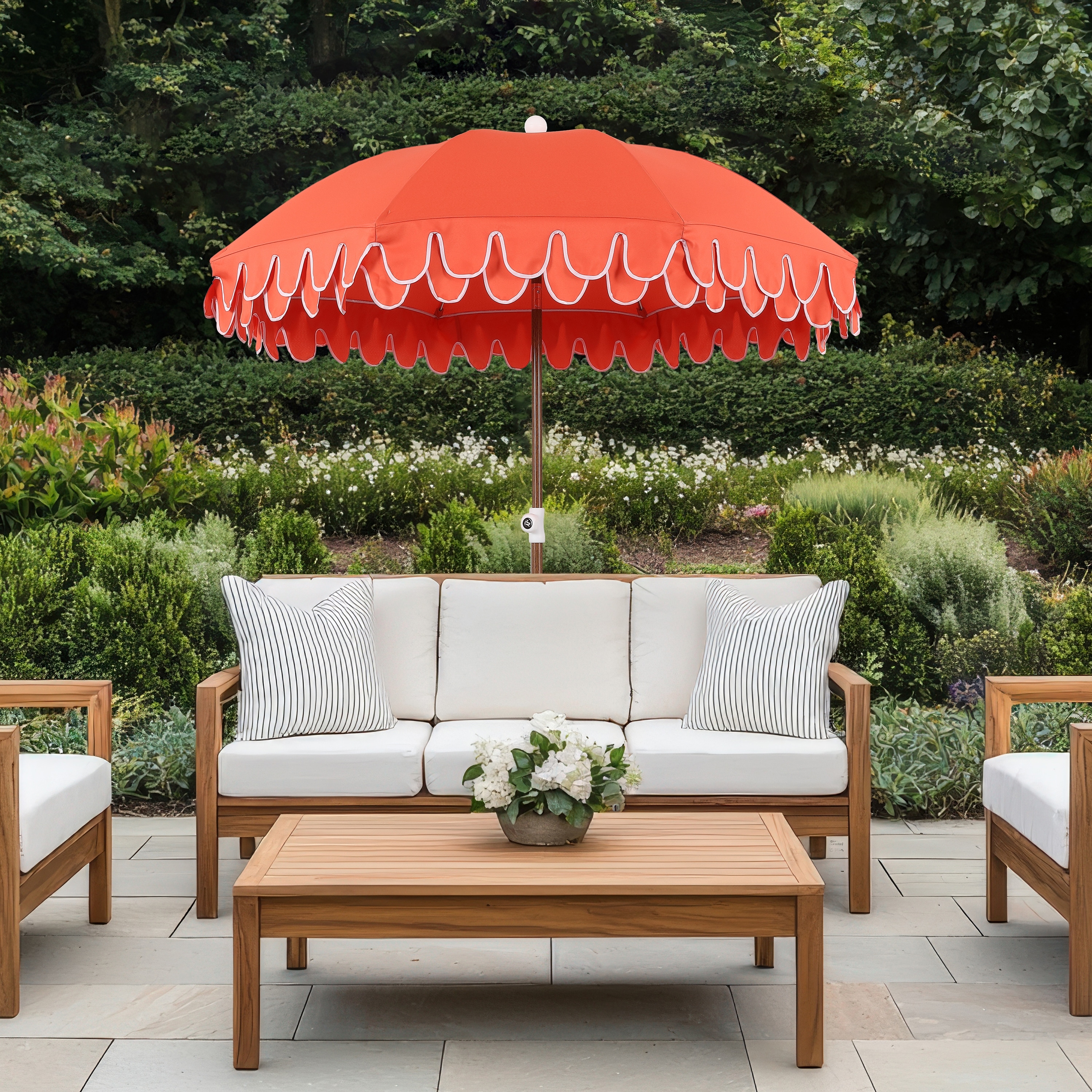 coral umbrella patio JONATHAN Y Spencer 9 ft. Solar LED Umbrella, Pink/White With its scalloped edge and bullion fringe this umbrella is perfect for cocktails on the patio or around the pool. Horizon Coastal Scalloped Edge Beach