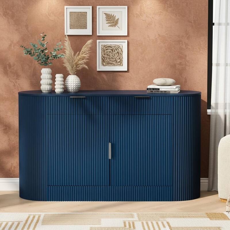 Modern Ribbed Storage Cabinet with Magic-Tape Curved Doors & Tiered Side Shelving by Harper&Bright Designs - Navy Blue