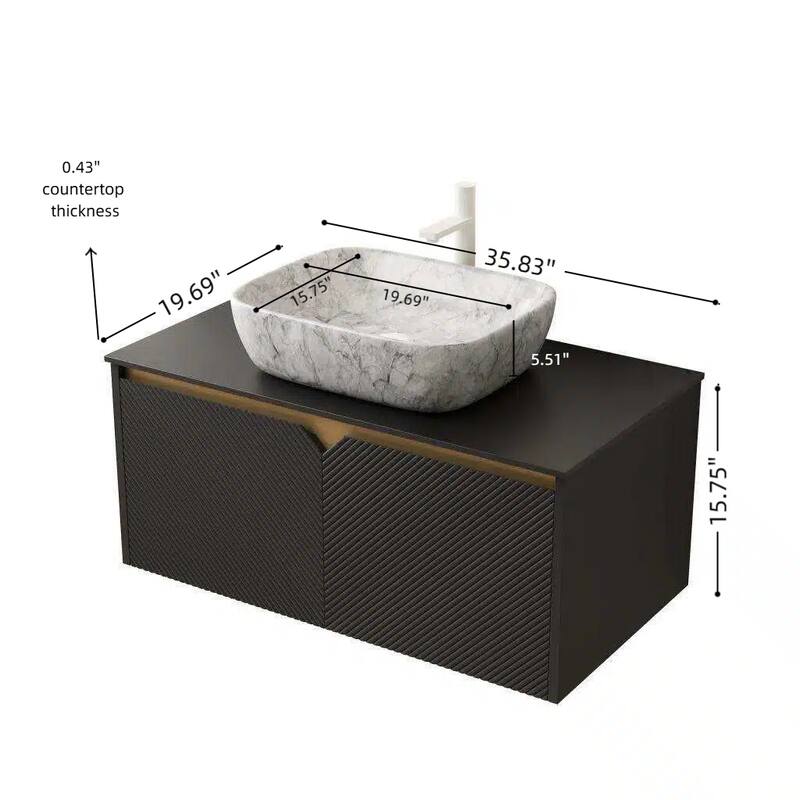 30"/36"/48" Floating Bathroom Vanity with Vessel Sink, Wall Mounted Sintered Stone Countertop Bathroom Storage Cabinet
