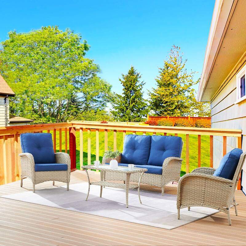 Pocassy Outdoor Loveseat Sofa with Table Funiture Set - Light Beige Wicker Blue Cushion - 4PCS Loveseat Sofa with Chairs Set