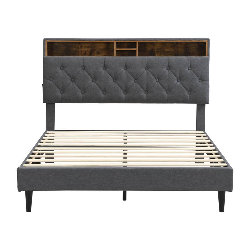 Queen Size Linen Upholstered Platform Bed with Button-Tufted Headboard, USB Charging Station and Side Pockets