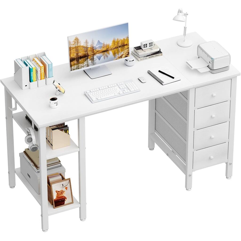 47 inch Computer Desk with 4 Drawers & Storage Shelves
