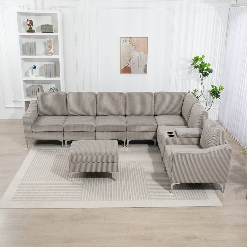 129.14" Corduroy Modular Sectional Sofa with Ottoman