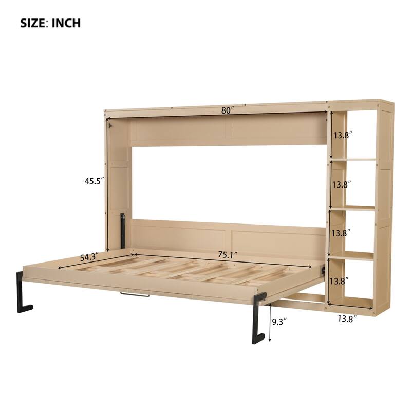 Foldable Full Murphy Bed with Side Bookshelves, Storage Rack and Slat Support, Space Saving Design