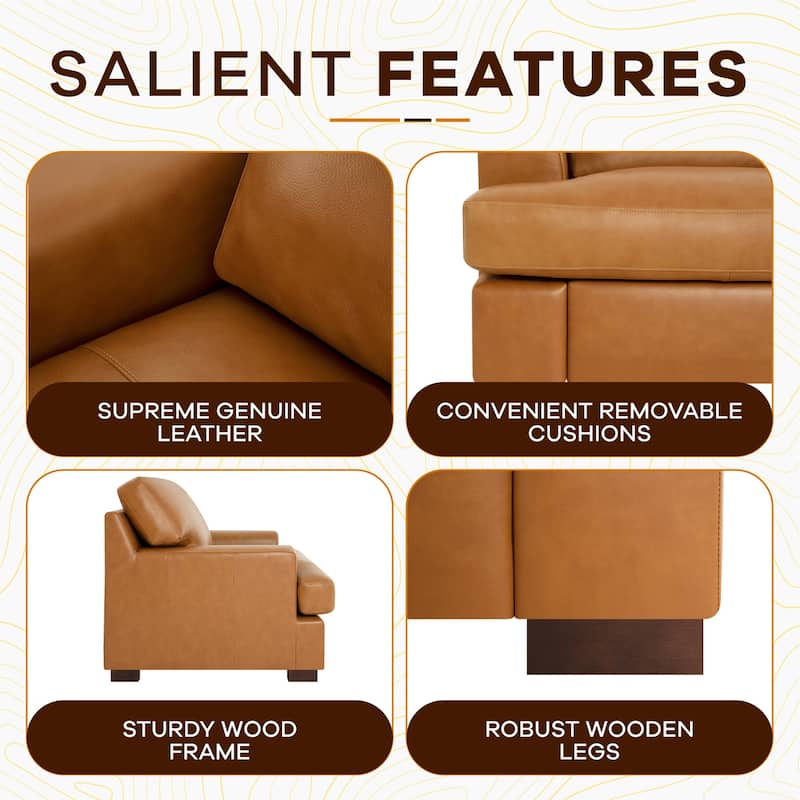 Genuine Elegant Luxurious Leather Loveseat Sofa with Goose Feather Cushion, Square Arms and Sturdy Block Legs