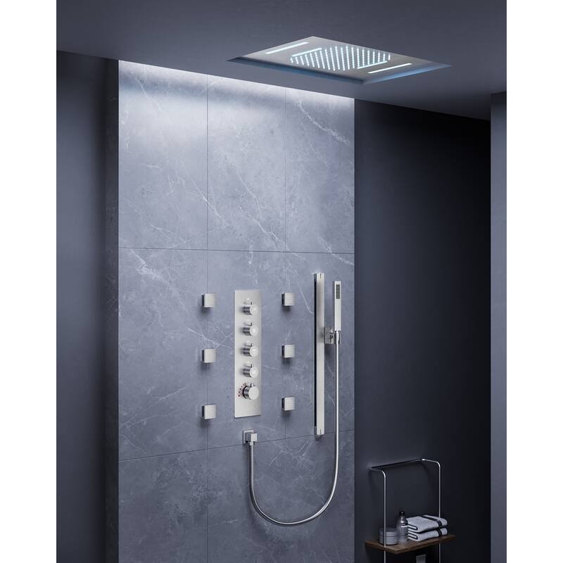 Multi-Function Thermostatic Shower System – Rainfall, Waterfall, Body Jets & LED Smart Control - 15*23 - Brushed Nickel